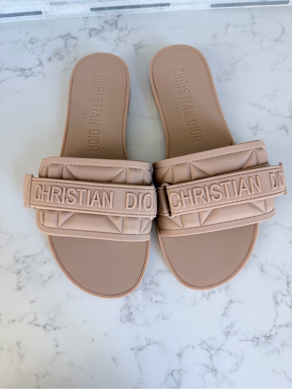 Quilted Logo Slide Sandals in beige size 9